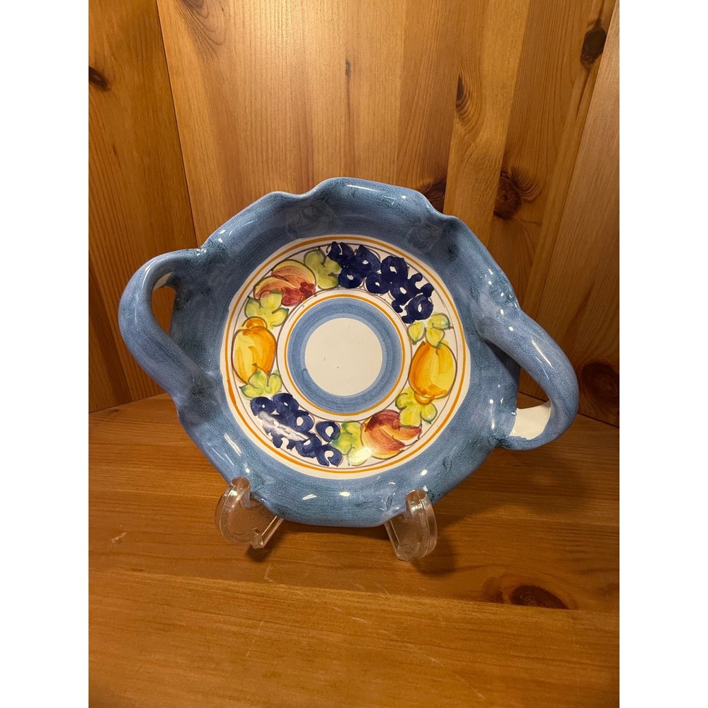 Positano Italy Hand Painted Majolica Pottery Bowl Dish Blue Fruit and Handles